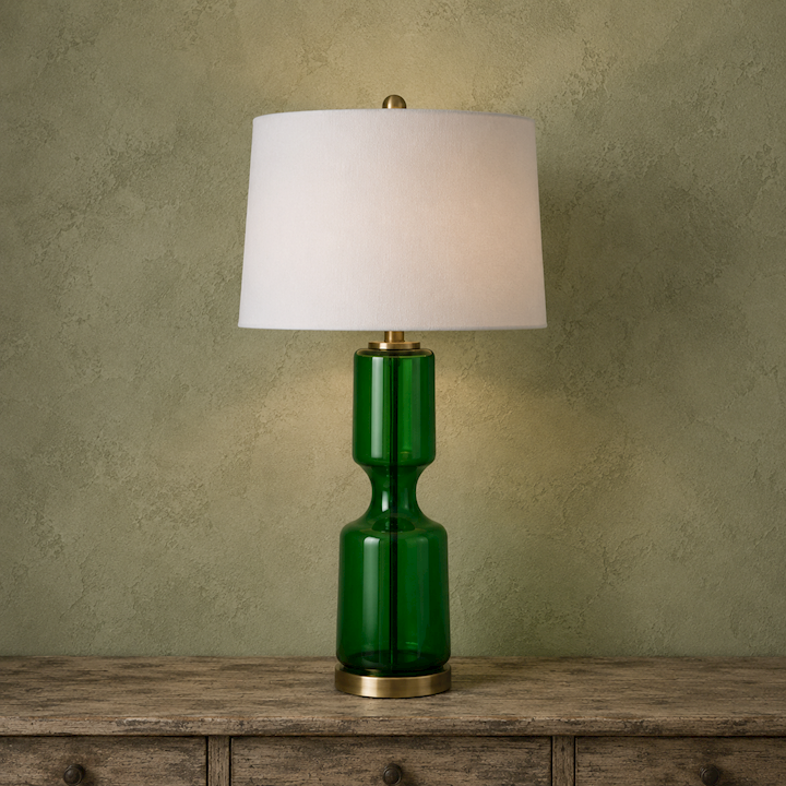 GREEN GLASS TABLE LAMP WITH LINEN SHADE 33x33x75cm